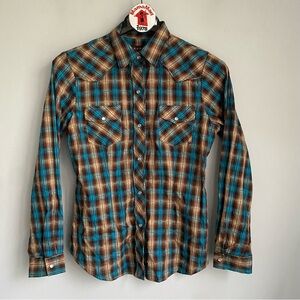 ROPER Western Plaid Shirt Pearl Snaps Size M Gun Embroidered Yoke